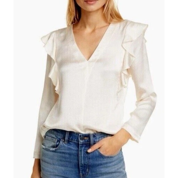 Rebecca Taylor Tops - Rebecca Taylor Silk Blouse Womens 4 Cream Ruffle Textured Long Sleeve V-neck Top
